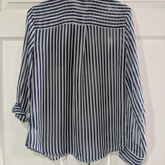 BCX Women's Sheer Striped Blouse Blue White, Size M, Long Sleeve, Button Front - Picture 7 of 16
